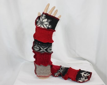 Arm Warmers Fingerless Gloves Recycled Sweaters Upcycled Wool Blends Red Black Snowflakes 1 Size