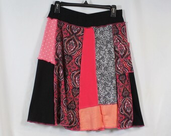 Upcycled Skirt Patchwork Recycled Fabric At Knee With Pocket Black Pink Mixed M 8-12