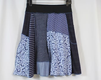 Upcycled Skirt Patchwork Recycled Knee Length A Line Blue Navy Animal Print Perky Pocket S 4/8