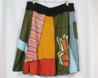 Upcycled Skirt Patchwork Recycled Fabric Twirl Knee Length A Line Peace Sign Groovy Pocket XL 16-22