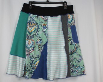 Upcycled Skirt Patchwork Recycled Fabric Knee Length A Line Blue Teal Paisley Pocket L 14/18