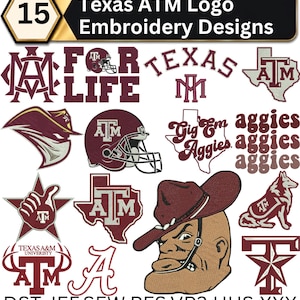 Puede incluir: Una colección de 15 diseños de bordado con temática de Texas A&M University en granate y blanco. Los gráficos incluyen el logotipo ATM, un casco de fútbol americano, el estado de Texas, una mascota y textos como Gig Em Aggies, For Life y Texas A&M.