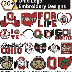 Könnte beinhalten: Eine Sammlung von über 20 Stickdesigns zum Thema Ohio in Rot, Weiß, Schwarz und Grün. Die Grafiken enthalten den Text "Ohio Logo Embroidery Designs", "Heartbeat of Ohio", "Ohio State" und "Brutus Buckeye" sowie verschiedene Umrisse des Bundesstaates.
