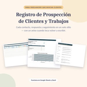Op de afbeelding: Een digitaal spreadsheet-sjabloon voor klant- en werkprospectie, met de tekst "Registro de Prospección de Clientes y Trabajos" en "Funciona en Google Sheets y Excel," weergegeven in drie verschillende dashboardweergaven.