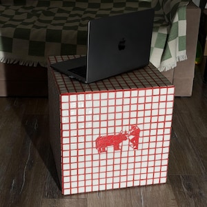 Può includere: Un tavolino quadrato rivestito da una griglia bianca di piccole piastrelle quadrate con fughe rosse. La parte anteriore presenta un mosaico rosso raffigurante un toro e un matador. Un computer portatile grigio scuro è appoggiato sopra.
