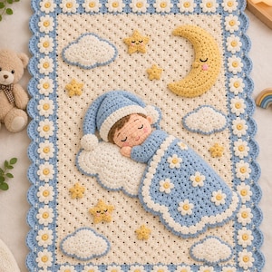 眠っている赤ちゃんのためのかぎ針編みブランケットのパターン、ラベンダー色の月と星と雲の保育園の装飾PDF、新生児のシャワーギフトのための天体模様のアフガンのデジタルダウンロード