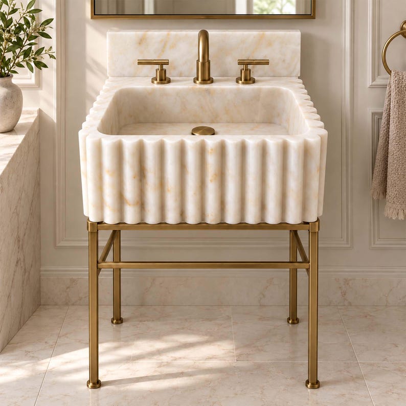 Calacatta Gold Marble Sink, Fluted Vanity Basin With Backsplash, Custom ...