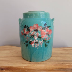 Antique Turquoise with Painted Flowers Stoneware Lidded Crock Jar Cookie Jar / Farmhouse / Hand Painted / Blue Glaze / Vintage Kitchen