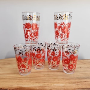 Vintage Mid Century Set of Six Hazel Atlas Red Aster and Gold Glasses / Swanky Swigs / Floral / Tumblers / Flowers