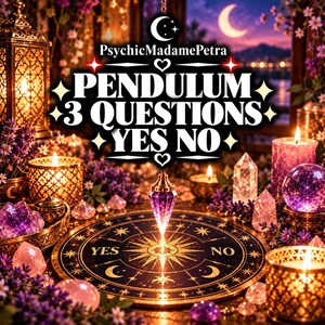 May include: A purple crystal pendulum hangs over a circular black board with gold celestial symbols and the words YES and NO. The scene includes glowing candles, purple flowers, and various clear and purple crystals in a dimly lit setting.