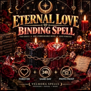 Könnte beinhalten: Eine schwarze und eine rote Kerze, jeweils mit einem Kristallherz versehen und durch eine goldene Kette mit einem herzförmigen Vorhängeschloss verbunden. Das Bild enthält den Text ETERNAL LOVE BINDING SPELL, TWO SOULS, ONE UNBREAKABLE BOND, LOVE FOREVER und VELMORA SPELLS.