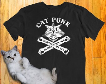Punk Rock Cat T-Shirt – Scratch ’Em All Funny Cat Lover Shirt