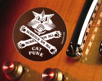 Punk Rock Cat Guitar Case Sticker – Scratch ’Em All Funny Music Cat Decal