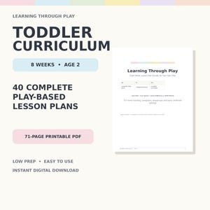 Peut inclure: Un programme pour tout-petits en format PDF imprimable de 71 pages comprenant 40 plans de cours complets basés sur le jeu pour les enfants de deux ans. Le document inclut huit semaines de contenu, des thèmes variés et des supports imprimables.