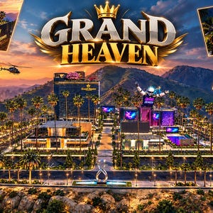 Op de afbeelding: Een digitale illustratie van het Grand Heaven resortcomplex met een groot centraal gebouw, palmbomen, een zwembad en een figuur in een ruimtepak. De tekst Grand Heaven staat prominent bovenaan met een gouden kroonpictogram.