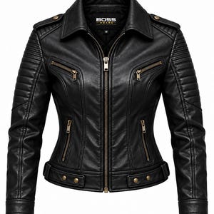 May include: A black jacket with a front zipper closure, featuring a collar, epaulets on the shoulders, and ribbed detailing on the upper sleeves. The garment includes four zippered pockets and a bottom hem with snap buttons. The label reads BOSS WEARS.