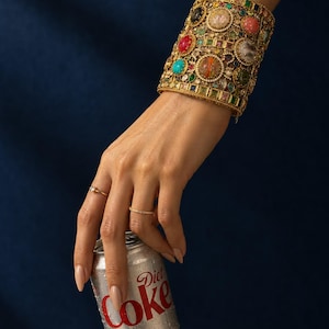 Sabyasachi Inspired Multi-Gemstone Gold Cuff Bracelet, Adjustable Kada (Handmade India)