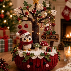 Può includere: Una decorazione natalizia all'uncinetto con un albero marrone, una stella gialla, ornamenti e agrifoglio. Un gufo con cappello e sciarpa rossi siede su una base rossa sorridente. Include due funghi, un regalo e un cartello con scritto MERRY CHRISTMAS.