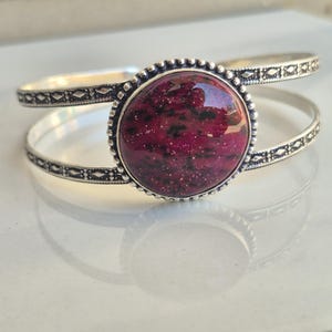 Red Cabochon Cuff Bracelet, Vintage Silver Tone Bangle, Boho Statement Jewelry