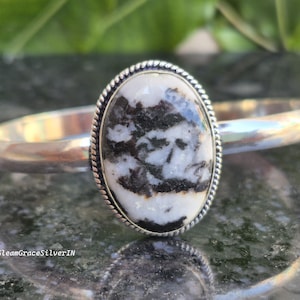 White Buffalo Gemstone Bracelet, 925 Sterling Silver Oval Bangle, Twisted Rope Border, Boho Statement Jewelry
