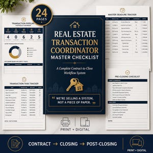 May include: A dark blue Real Estate Transaction Coordinator Master Checklist binder with gold text and a key icon. The cover reads, We're selling a system, not a piece of paper. It includes 24 pages of transaction pipelines, task trackers, and checklists.