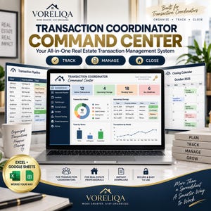 May include: A digital real estate transaction management system displayed on a laptop screen, featuring a dashboard with transaction status, task tracking, and a closing calendar. The interface includes text labels like Transaction Coordinator Command Center.