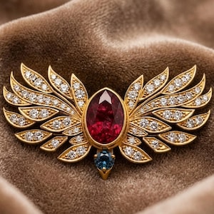 May include: A gold brooch shaped like wings, featuring a large oval-cut deep red gemstone in the center, a smaller round blue gemstone at the base, and numerous small clear pavé-set stones embedded throughout the golden wing structure.