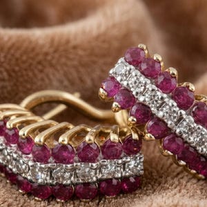 Three Row Ruby Hoop Earrings • Red Gemstone Diamond Huggies • Wide Multi Row Statement Hoops • July Birthstone Gift for Her
