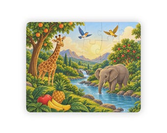 Quebra-cabeça infantil 35,5 x 28 cm, 30 peças - Girafa, Elefante e Frutas, História da Criação, a partir de 3 anos