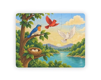 Quebra-cabeça infantil 35,5 x 28 cm, 30 peças - Pássaro azul, cardeal e pomba, história da criação, a partir de 3 anos