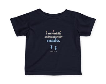 Baby T-Shirt 6M-24M, Optional Name - Fearfully and Wonderfully Made, Psalm 139:14, Footprints