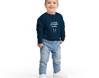 Moletom infantil tamanho 2T-7T - Criados de forma admirável e maravilhosa, Salmo 139:14, Pegadas
