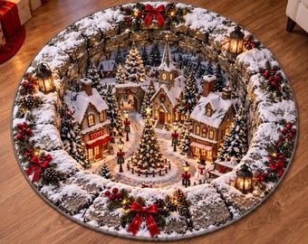 3D Christmas Village Round Rug, Optical Illusion Snow Town Crystal Velvet Area Rug, Festive Holiday Floor Mat, Winter Home Decoration