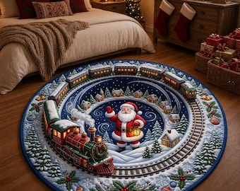 May include: A round area rug featuring a Christmas theme with a central illustration of Santa Claus waving, surrounded by a circular train track, a steam locomotive, snow-covered houses, evergreen trees, and decorative bells and ornaments.