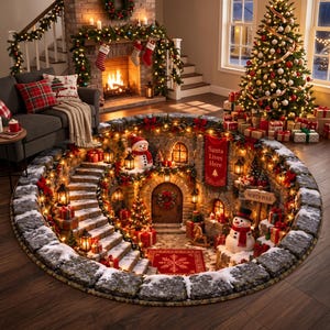 Puede incluir: Una alfombra circular con una ilustración en 3D de una escalera de piedra que conduce a una escena navideña festiva con muñecos de nieve, regalos, linternas, una puerta de madera con corona y un letrero que dice Santa Lives Here.