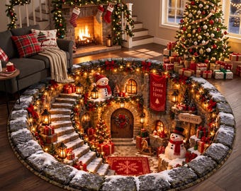 Funny 3D North Pole Cottage Round Rug, Soft Crystal Velvet Christmas Area Rug, Unique Xmas Party Floor Decor, Festive Holiday House Gift