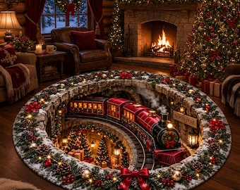 May include: A round rug featuring a 3D-style illustration of a red steam train traveling through a stone tunnel. The border is decorated with pine branches, red berries, pinecones, gold ornaments, and a red bow. A sign reads North Pole.