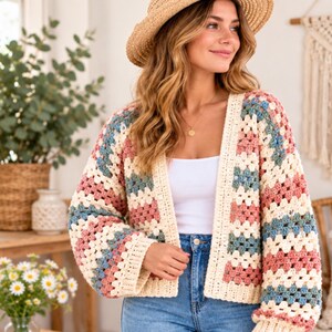 May include: A long-sleeved open-front cardigan featuring a multi-coloured granny square crochet pattern in shades of cream, dusty rose, and muted blue. The garment has a relaxed fit with ribbed cuffs and a matching ribbed trim along the front opening.
