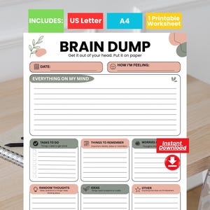 Op de afbeelding: Een printbaar Brain Dump werkblad met secties voor datum, stemming, taken, herinneringen, zorgen, gedachten, ideeën en andere notities. De lay-out bevat lijnen en selectievakjes met zachtgekleurde koppen in een overzichtelijk ontwerp.