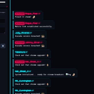 May include: A dark-themed StreamElements chat testing console interface featuring a widget configuration panel on the left and a live overlay preview window on the right. The display shows various system messages and user chat logs in a neon-accented layout.