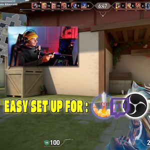 May include: A digital overlay featuring a video game interface with a player in a yellow beanie and headphones using a controller. The text "EASY SET UP FOR :" appears above icons for a rocket, the Twitch logo, and the OBS Studio software logo.