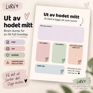 Puede incluir: Una página de planificador imprimible titulada Ut av hodet mitt con secciones para notas, tareas, compras y delegación. El diseño presenta cajas de colores pastel en morado, rosa, verde y azul, acentuadas con corazones y texto negro.