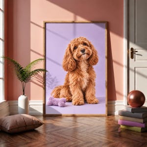 Hundtryck för Cavapoo, söt hundväggkonst, lila husdjursporträtt, present till hundälskare