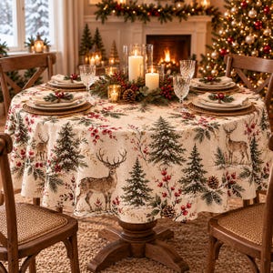 Peut inclure: Une nappe ronde ornée d'un motif de cerfs, de sapins, de pommes de pin et de baies rouges sur fond crème. La table est dressée avec des assiettes blanches, des verres transparents et un centre de table avec bougies et feuillage.