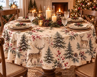 May include: A round tablecloth featuring a print of deer, pine trees, pinecones, and red berries on a cream background. The table is set with white plates, clear glasses, and a centerpiece of candles and greenery in a glass holder.