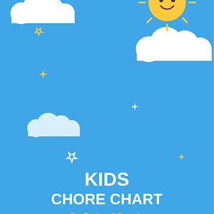 Peut inclure: Un tableau de tâches bleu avec un soleil jaune souriant, des nuages blancs et de petites étoiles jaunes. Le texte indique KIDS CHORE CHART, Fun Routines & Rewards, INSTANT DOWNLOAD - A4 PRINTABLE et Bousbainestore en lettres blanches et jaunes.
