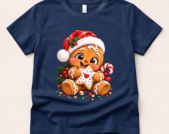 May include: A navy blue short-sleeve t-shirt featuring a graphic of a gingerbread person wearing a red Santa hat with white trim. The gingerbread character holds a white star-shaped cookie with a red heart and a candy cane.
