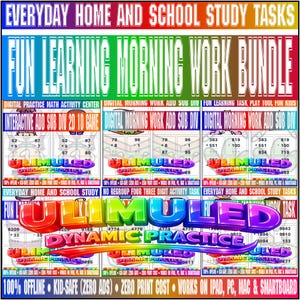 May include: A digital educational bundle titled EVERYDAY HOME AND SCHOOL STUDY TASKS FUN LEARNING MORNING WORK BUNDLE featuring maths activity grids with addition, subtraction, and division problems, branded with the ULIMULED DYNAMIC PRACTICE logo.
