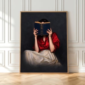 Lámina decorativa para pared "Lectura tranquila", estilo "Dark Academia", azul marino y carmesí intensos (descarga digital)