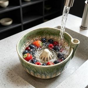 May include: A sage green ceramic berry colander bowl with a central white cone-shaped drain feature, filled with fresh strawberries, blueberries, and blackberries being rinsed under a stream of water from a stainless steel kitchen tap.